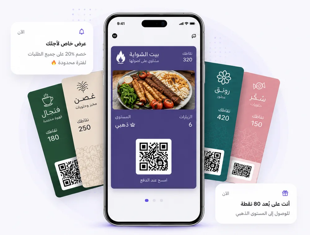 معاينة بطاقة ولاء رقمية على الجوال مع تنبيهات وبطاقات متعددة